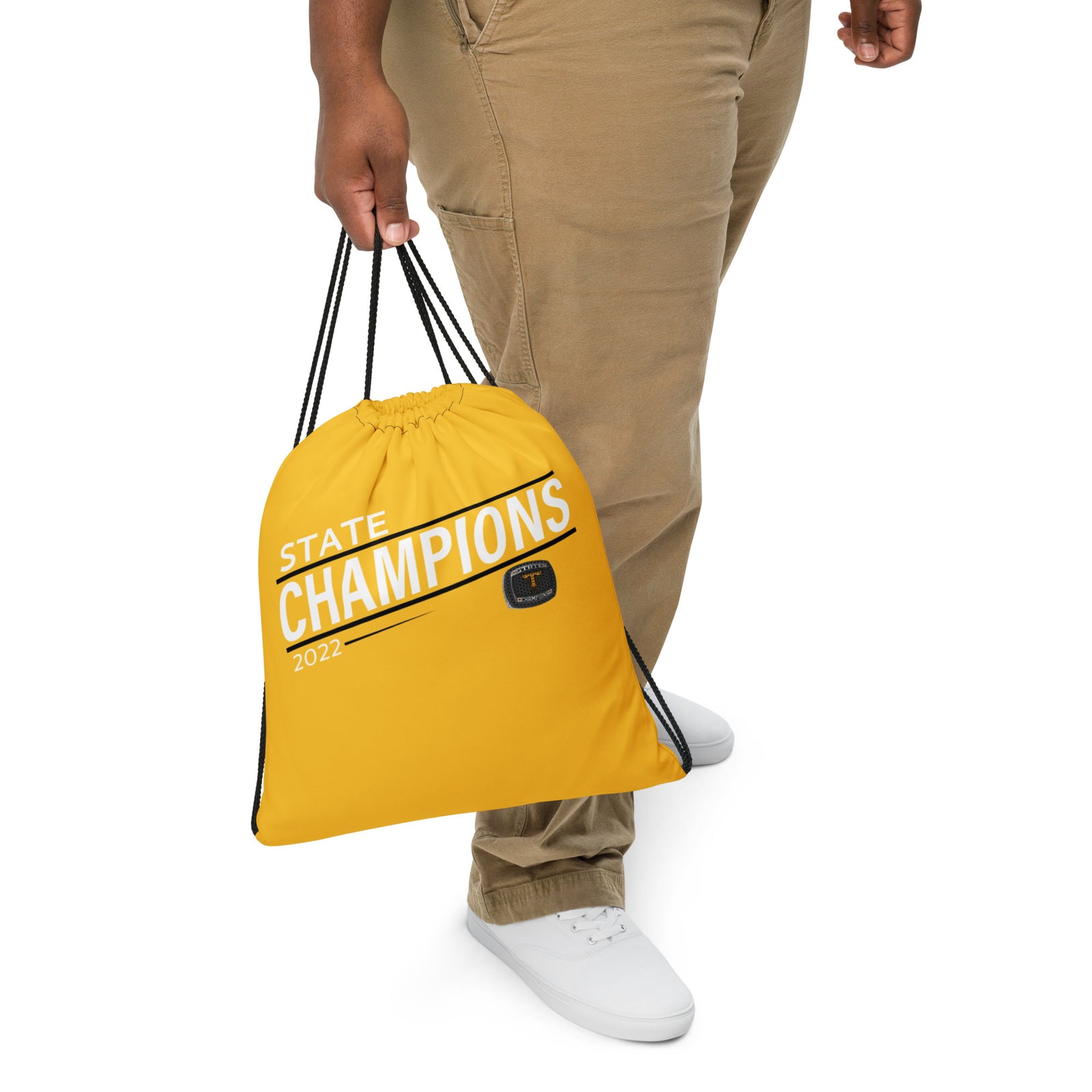 Thompson Valley High School 2022 State Championship Ring Yellow Drawstring bag