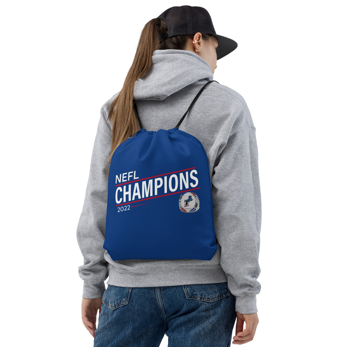 Mass Warriors 2022 NEFL Championship Ring Red Line Blue Drawstring bag