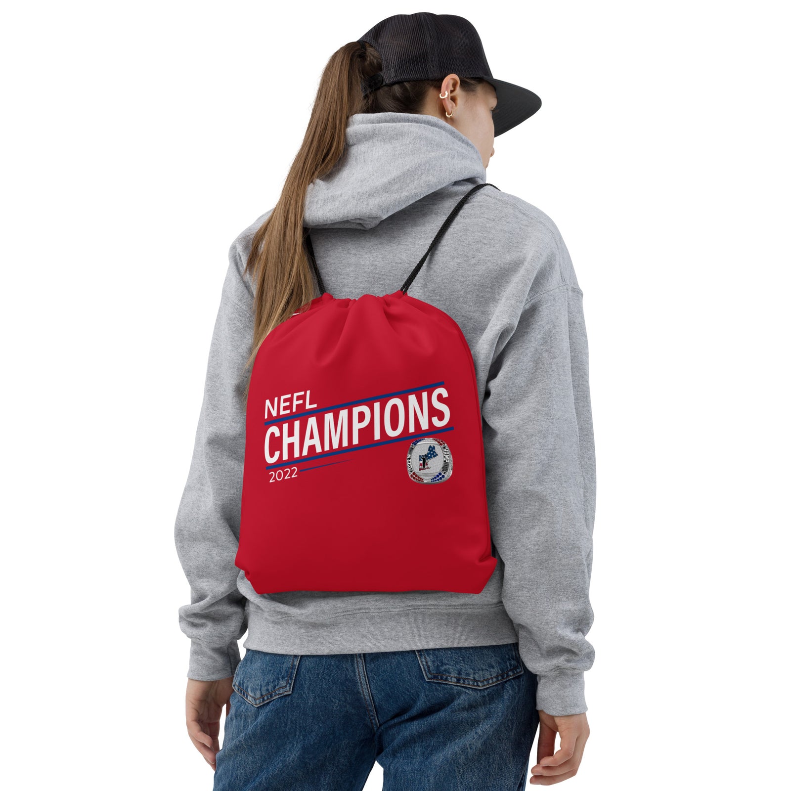 Mass Warriors 2022 NEFL Championship Ring Blue Line Red Drawstring bag